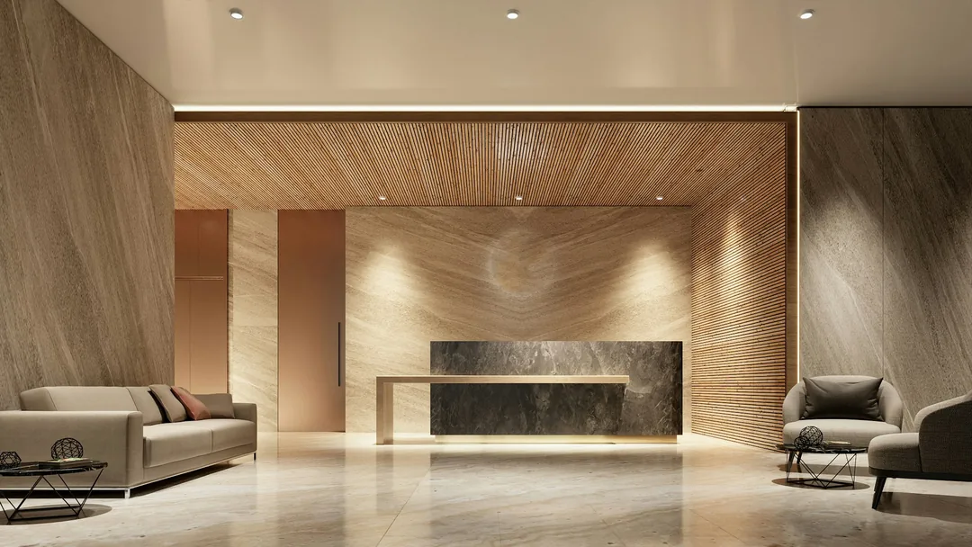 Warm wood reception lobby